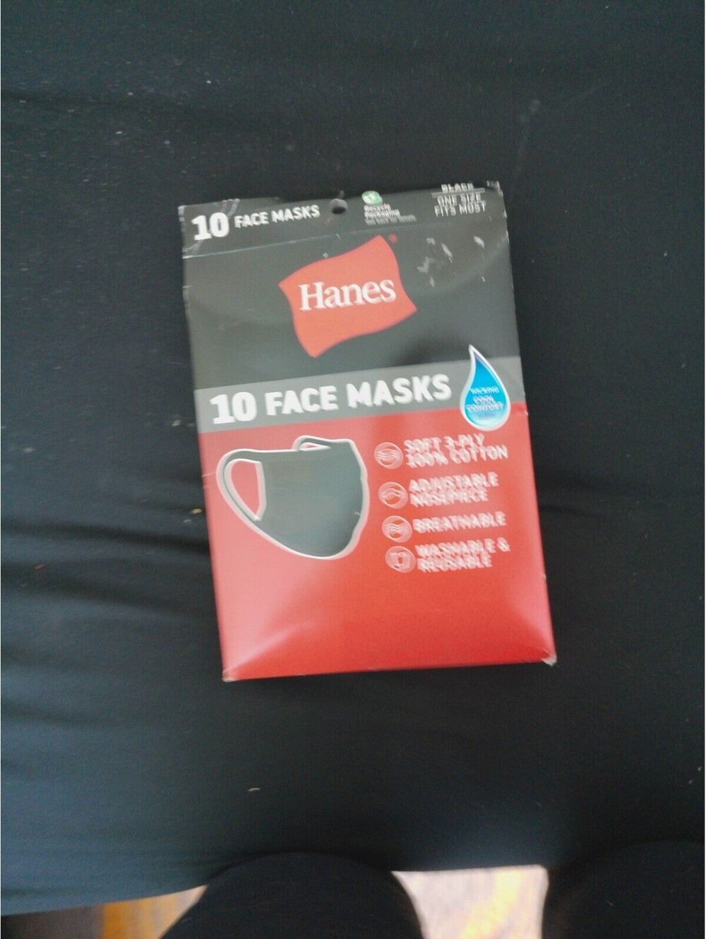 NWT Hanes Face Masks Unisex Black 10 Pack 3 Ply Cotton‎ Washable Reusable